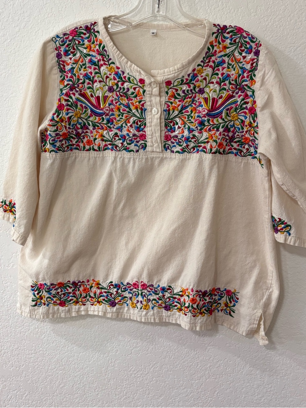 Vtg Mexican Peasant Blouse Embroidered Cream Boho M:L